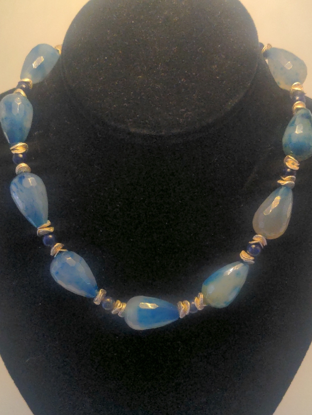 New Blue AgateTeardrop Beaded Necklace, Choker, 17"+ 3", Sodalite, Silver